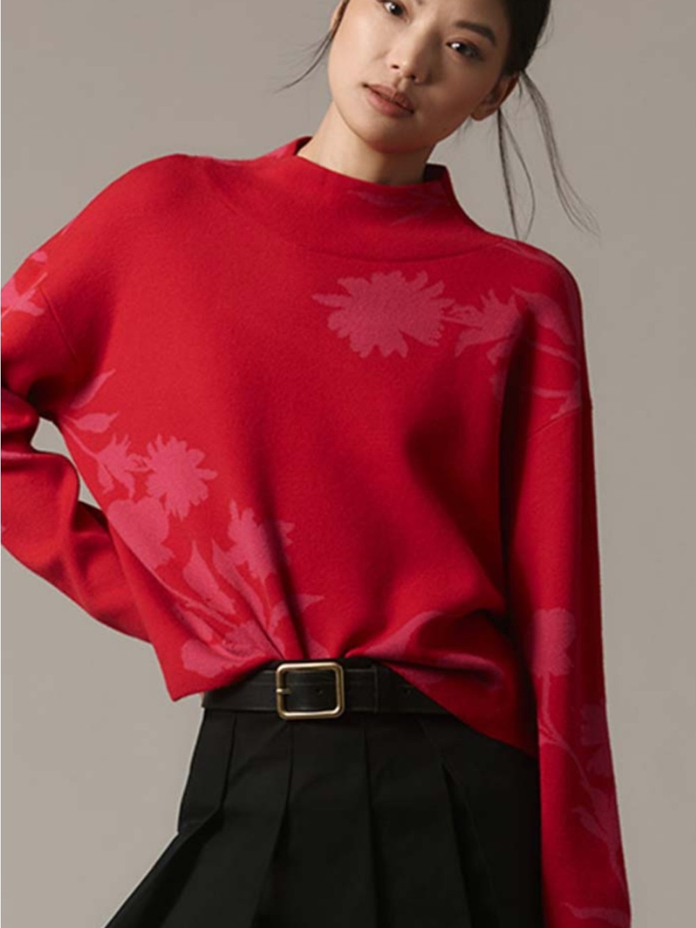 Maeve Anthropologie Red Pink Floral Mock Neck Sweater Size M